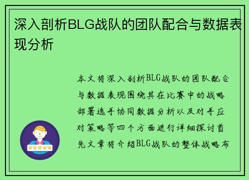 深入剖析BLG战队的团队配合与数据表现分析